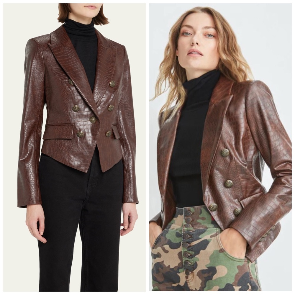 Veronica Beard Cooke Dickey Faux Croc Leather Embossed Brown Jacket Blazer Sz‎ 6